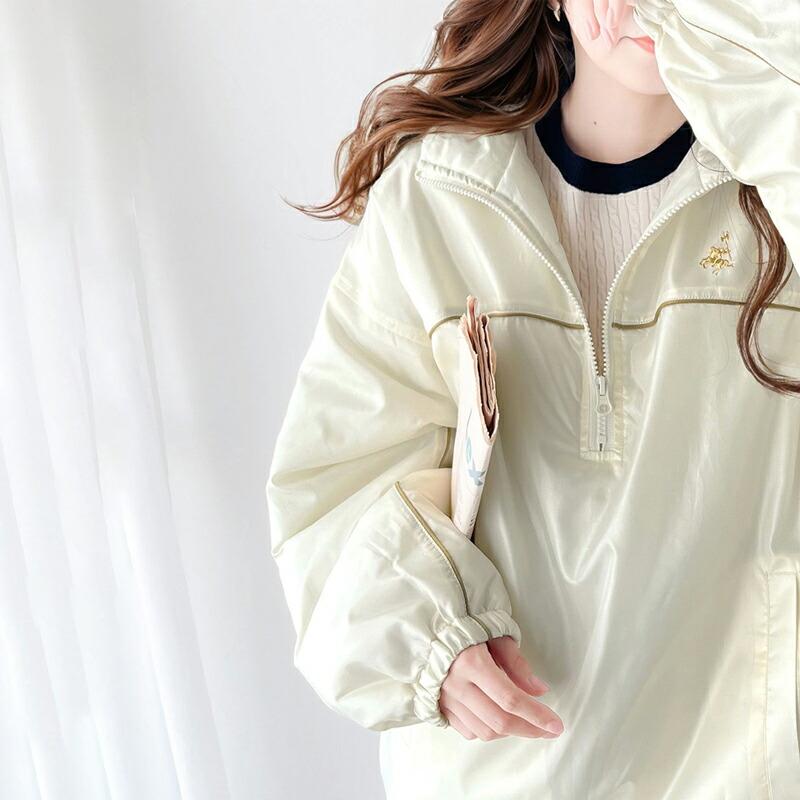 アウター ジャケット レディース 軽量 胸 刺繍 配色 パイピング ハーフ ジップ プルオーバー 中綿 ブルゾン 羽織り オーバーサイズ | classicalelf