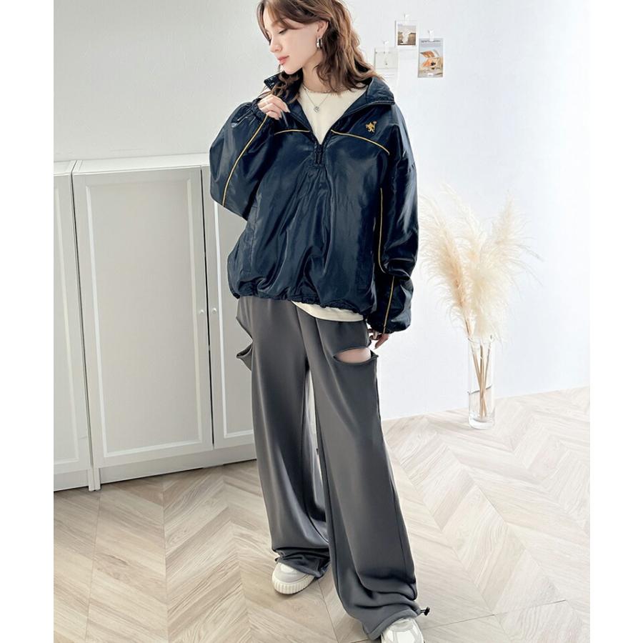 アウター ジャケット レディース 軽量 胸 刺繍 配色 パイピング ハーフ ジップ プルオーバー 中綿 ブルゾン 羽織り オーバーサイズ | classicalelf | 12