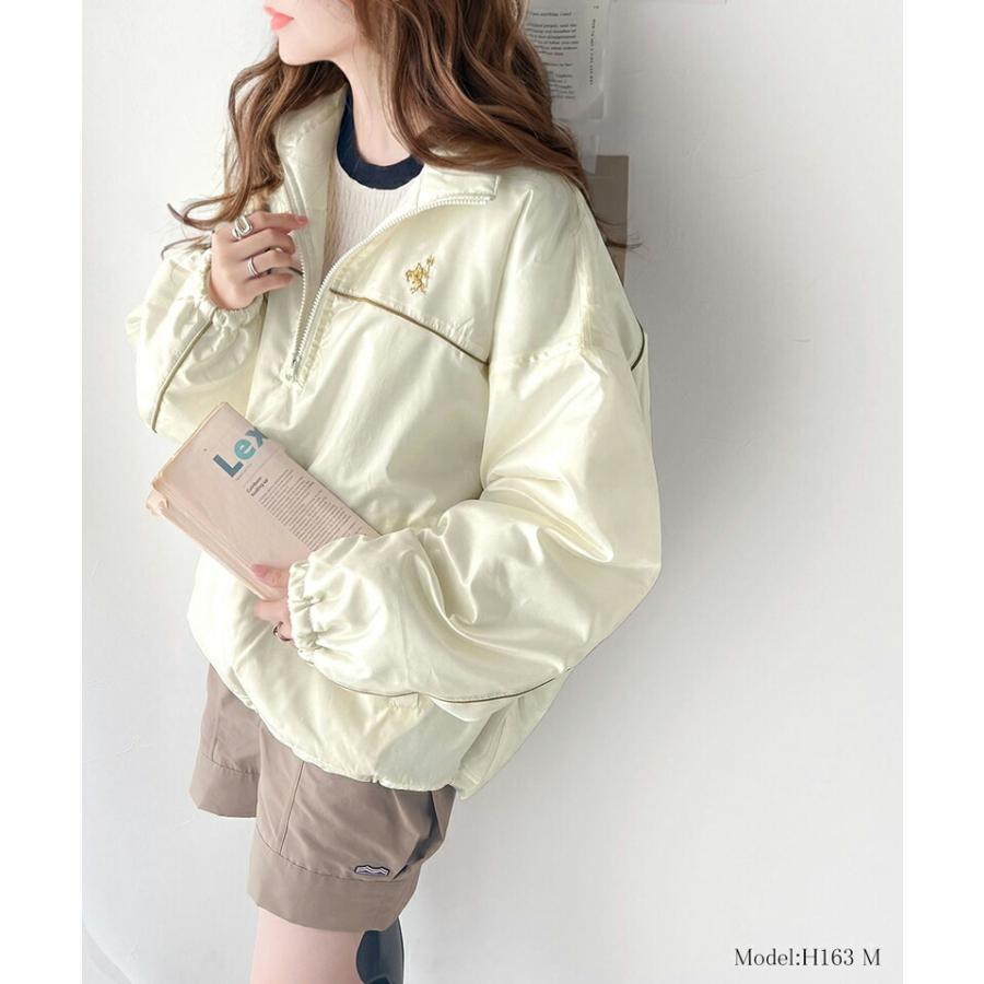 アウター ジャケット レディース 軽量 胸 刺繍 配色 パイピング ハーフ ジップ プルオーバー 中綿 ブルゾン 羽織り オーバーサイズ | classicalelf | 02