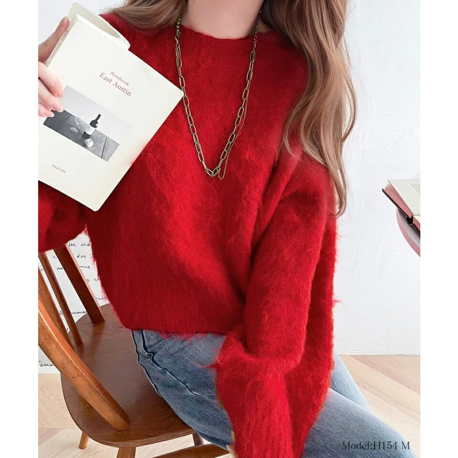 トップス ニット レディース バルーンスリーブ 短丈 ふわふわ シャギーニット プルオーバー オーバーサイズ レイヤードコーデ 高見え | classicalelf | 14