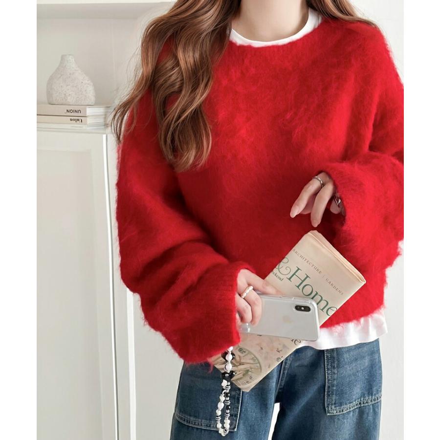 トップス ニット レディース バルーンスリーブ 短丈 ふわふわ シャギーニット プルオーバー オーバーサイズ レイヤードコーデ 高見え | classicalelf | 15