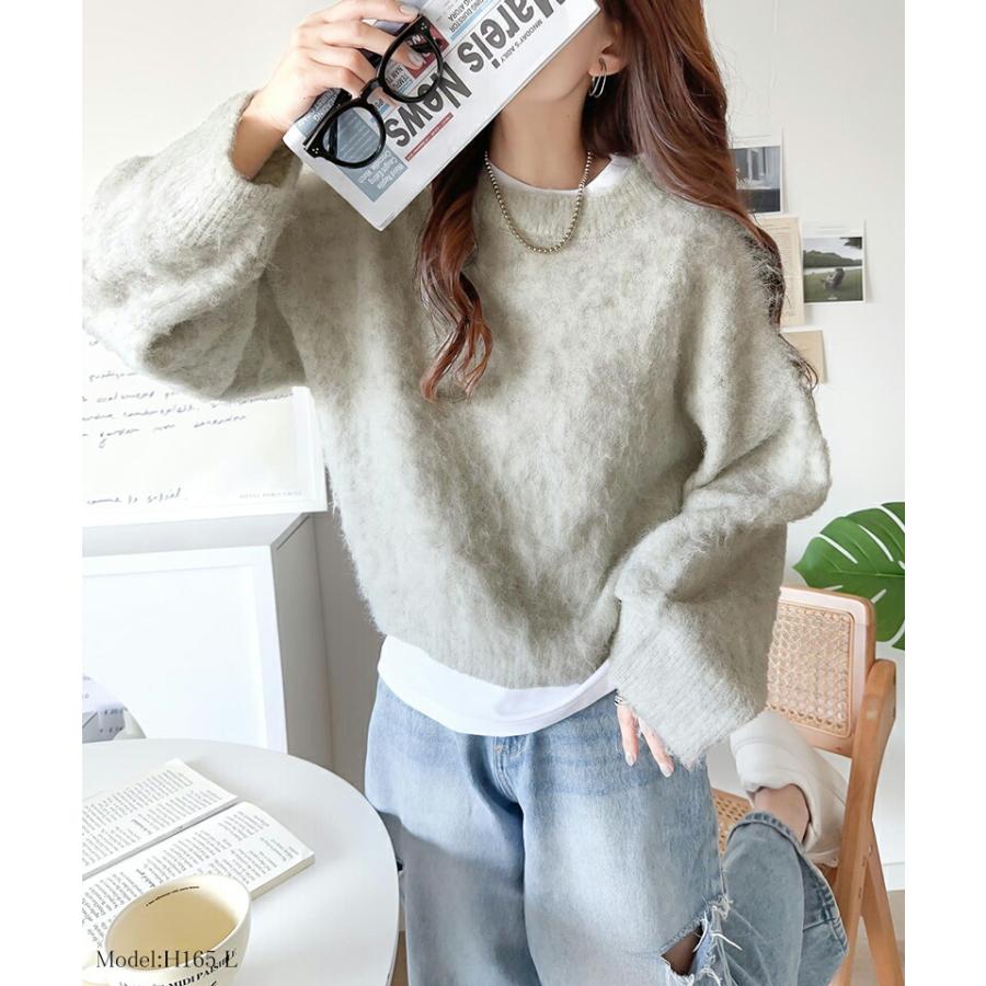 トップス ニット レディース バルーンスリーブ 短丈 ふわふわ シャギーニット プルオーバー オーバーサイズ レイヤードコーデ 高見え | classicalelf | 02