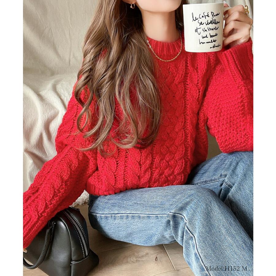 トップス ニット レディース ざっくり 手編み 風 ケーブル ショート 丈 ロービングヤーン 立体感 ニットプルオーバー スタイルアップ ゆるっと | classicalelf | 14