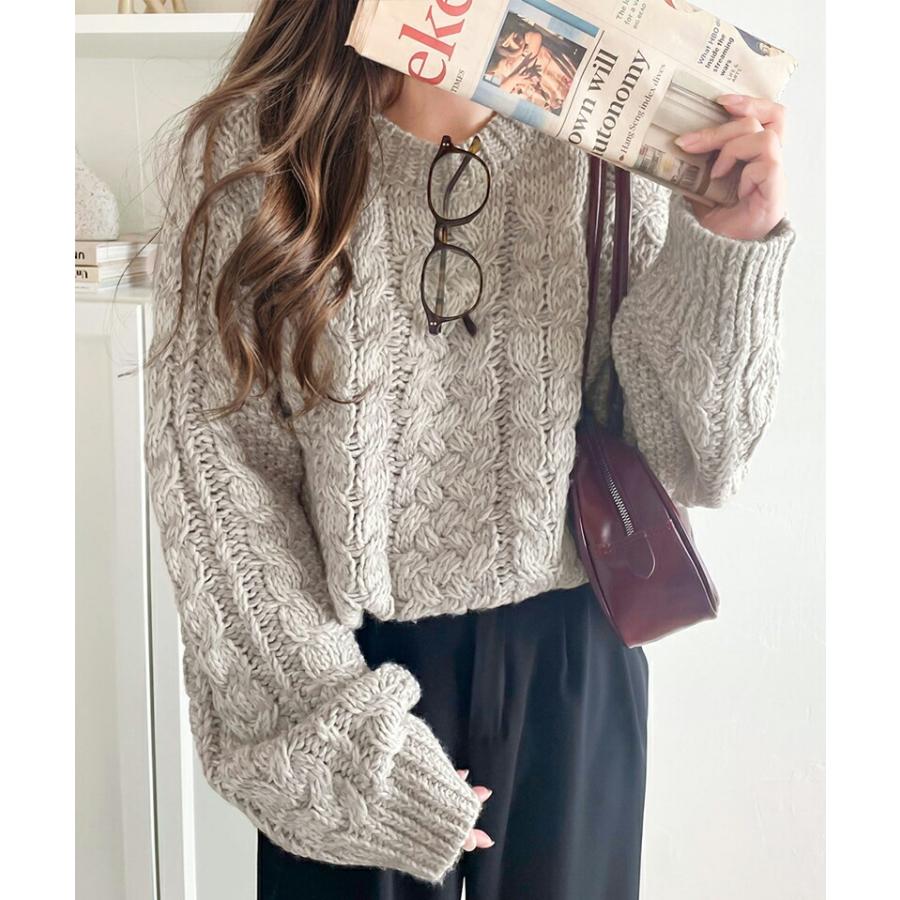 トップス ニット レディース ざっくり 手編み 風 ケーブル ショート 丈 ロービングヤーン 立体感 ニットプルオーバー スタイルアップ ゆるっと | classicalelf | 03
