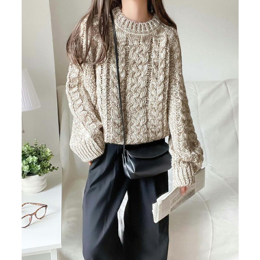 トップス ニット レディース ざっくり 手編み 風 ケーブル ショート 丈 ロービングヤーン 立体感 ニットプルオーバー スタイルアップ ゆるっと | classicalelf | 06