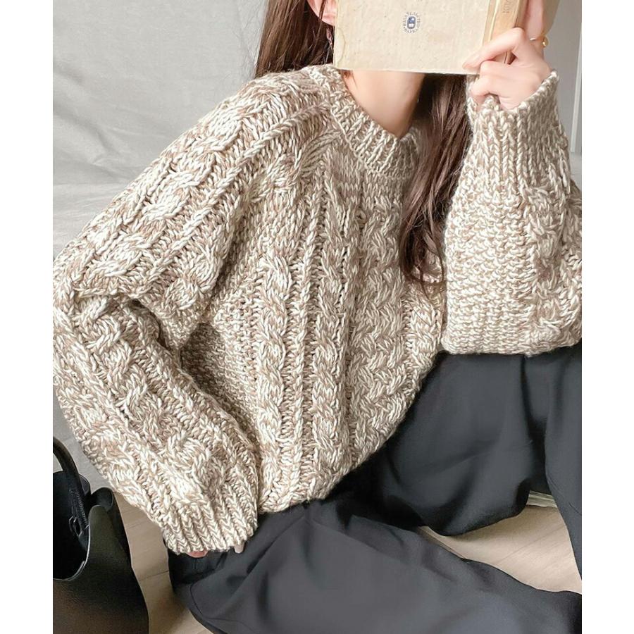 トップス ニット レディース ざっくり 手編み 風 ケーブル ショート 丈 ロービングヤーン 立体感 ニットプルオーバー スタイルアップ ゆるっと | classicalelf | 07