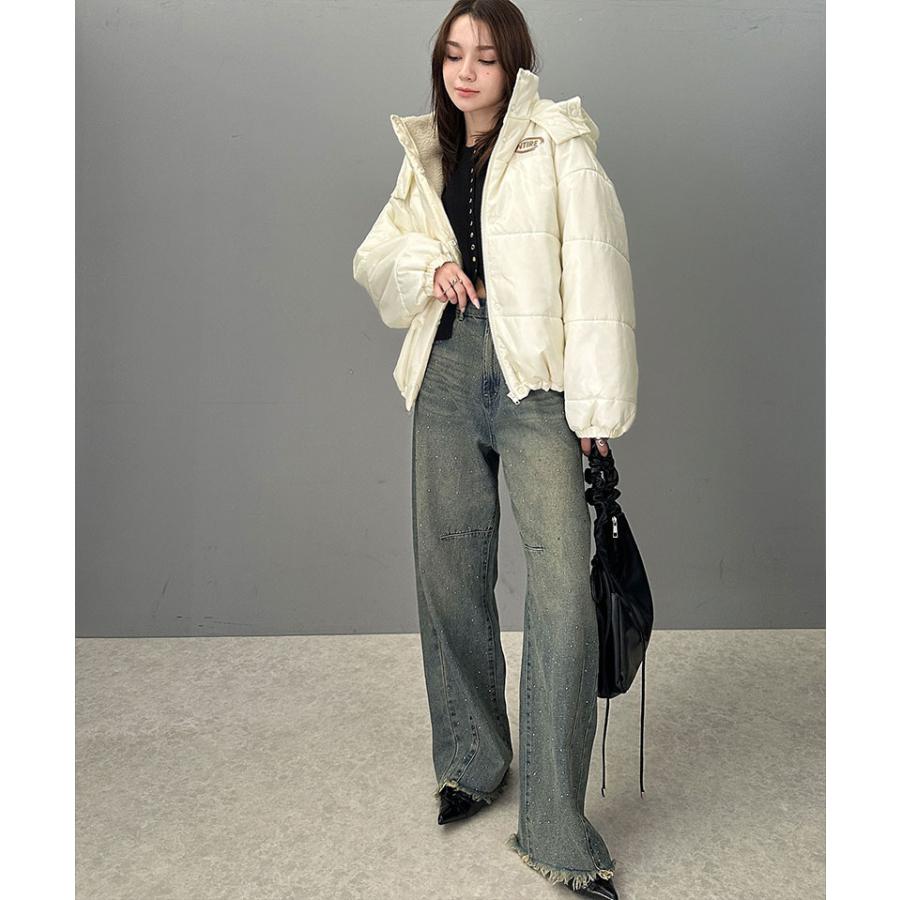 アウター ジャケット レディース 中綿 フード 付 ショート ブルゾン JK 微光沢 リップス トップ マット ポリエステル 選べる 素材 羽織り 暖か | classicalelf | 15