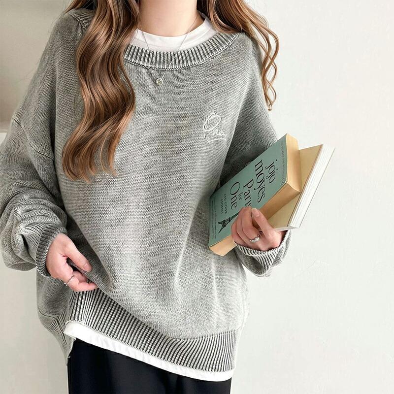 トップス ニット レディース レトロ 綿 100％ ワンポイント 胸 刺繍 ヴィンテージ 感 ピグメント プルオーバー ビッグシルエット 着回し | classicalelf