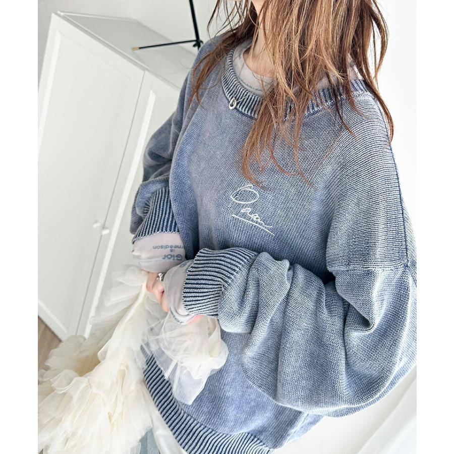 トップス ニット レディース レトロ 綿 100％ ワンポイント 胸 刺繍 ヴィンテージ 感 ピグメント プルオーバー ビッグシルエット 着回し | classicalelf | 11