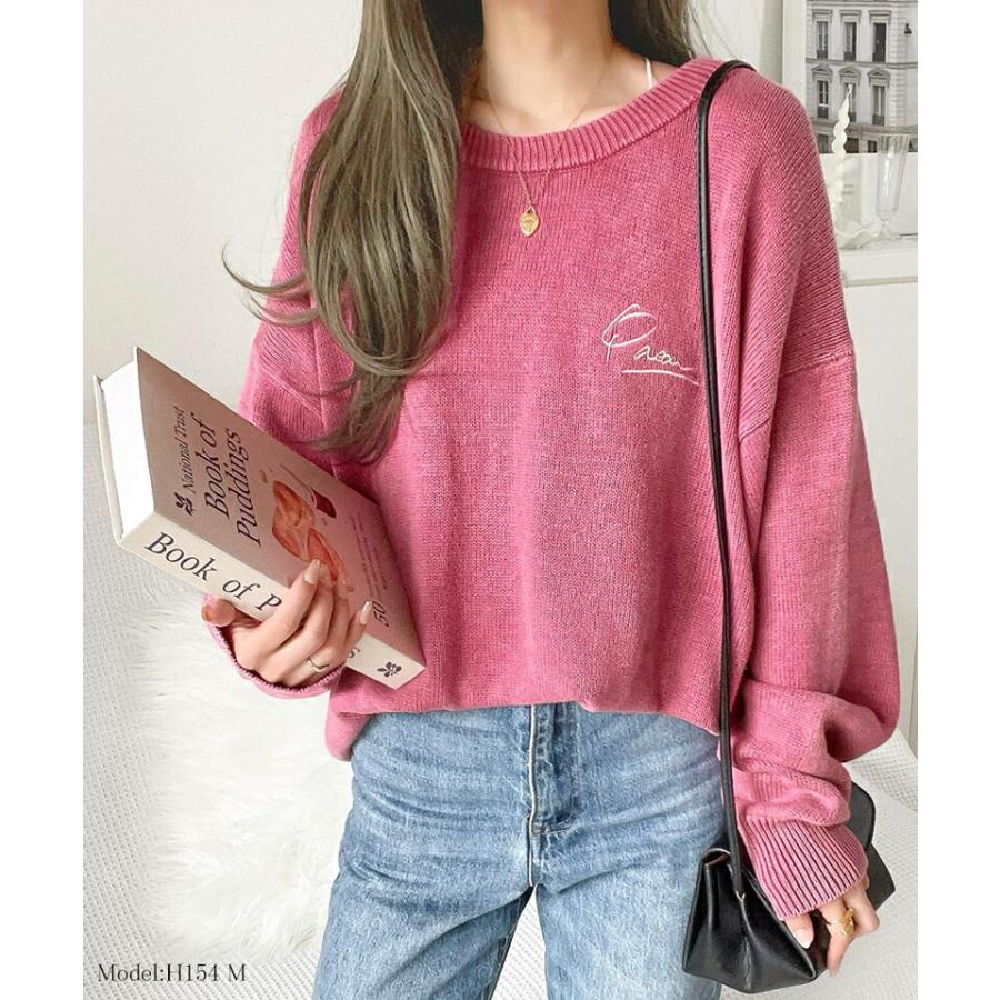 トップス ニット レディース レトロ 綿 100％ ワンポイント 胸 刺繍 ヴィンテージ 感 ピグメント プルオーバー ビッグシルエット 着回し | classicalelf | 12