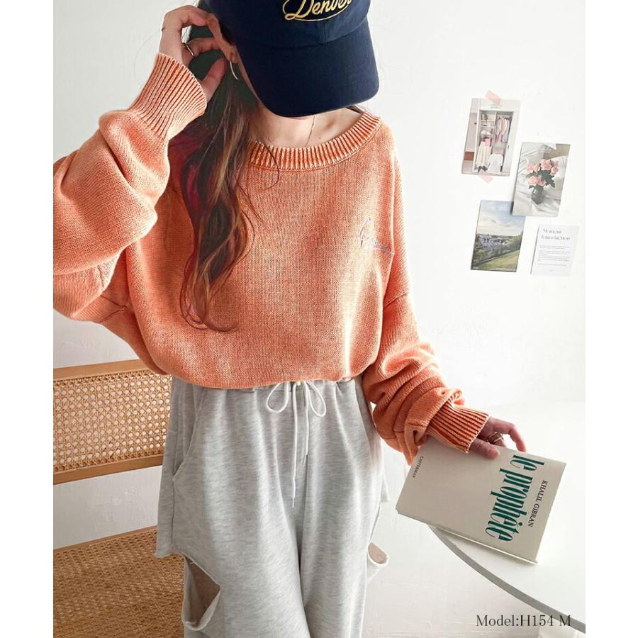 トップス ニット レディース レトロ 綿 100％ ワンポイント 胸 刺繍 ヴィンテージ 感 ピグメント プルオーバー ビッグシルエット 着回し | classicalelf | 14