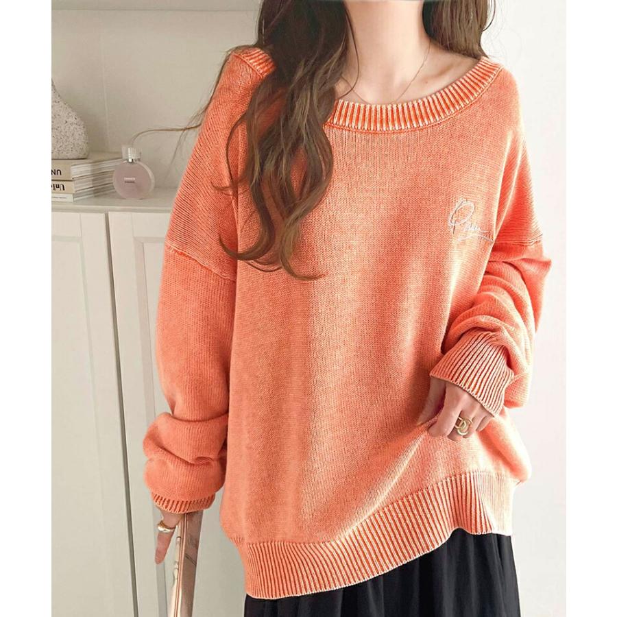 トップス ニット レディース レトロ 綿 100％ ワンポイント 胸 刺繍 ヴィンテージ 感 ピグメント プルオーバー ビッグシルエット 着回し | classicalelf | 15