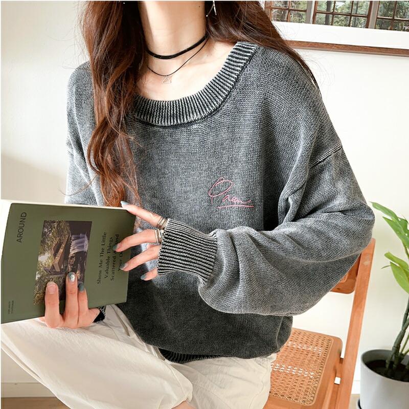 トップス ニット レディース レトロ 綿 100％ ワンポイント 胸 刺繍 ヴィンテージ 感 ピグメント プルオーバー ビッグシルエット 着回し | classicalelf | 18