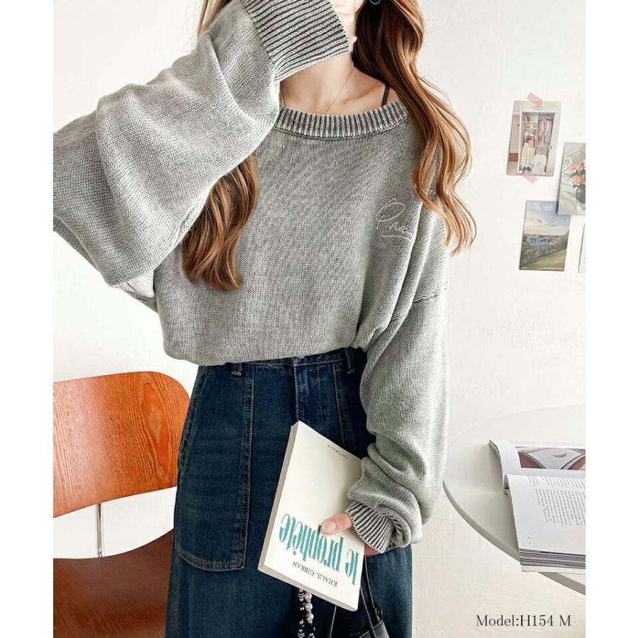 トップス ニット レディース レトロ 綿 100％ ワンポイント 胸 刺繍 ヴィンテージ 感 ピグメント プルオーバー ビッグシルエット 着回し | classicalelf | 02