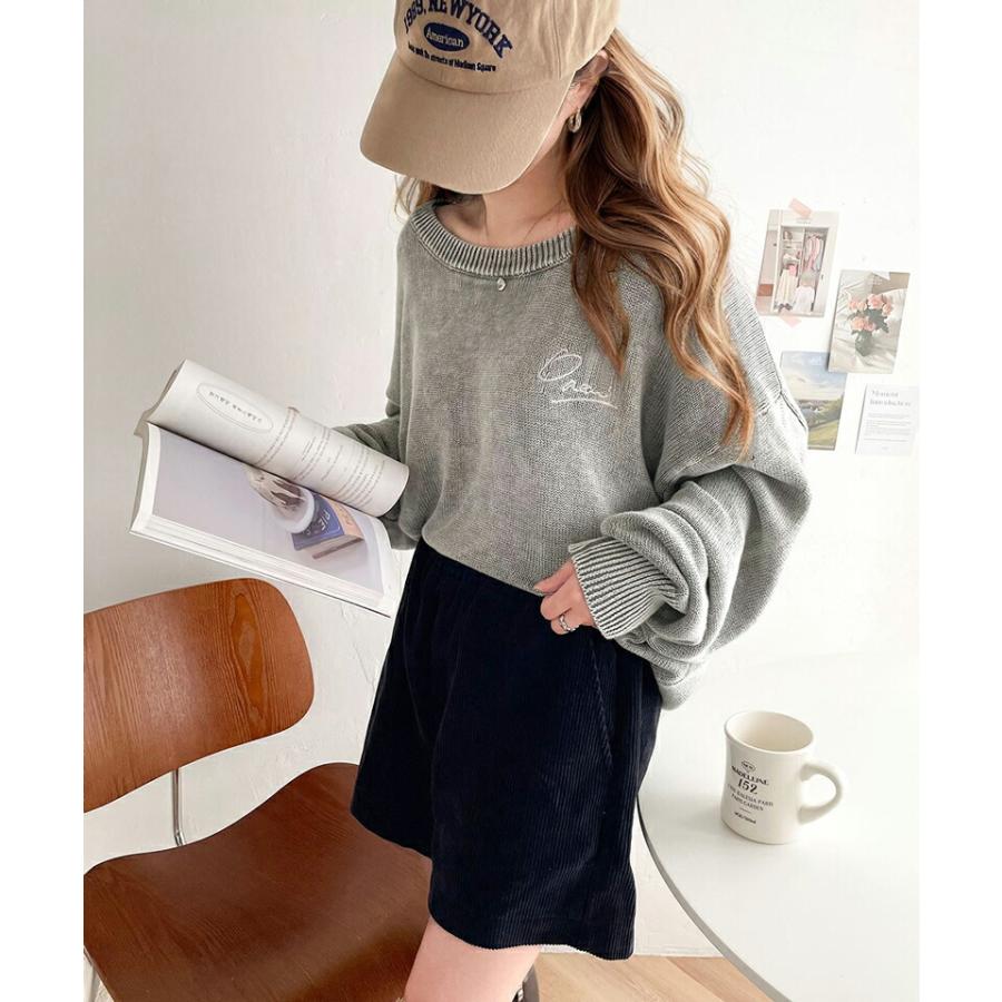 トップス ニット レディース レトロ 綿 100％ ワンポイント 胸 刺繍 ヴィンテージ 感 ピグメント プルオーバー ビッグシルエット 着回し | classicalelf | 03