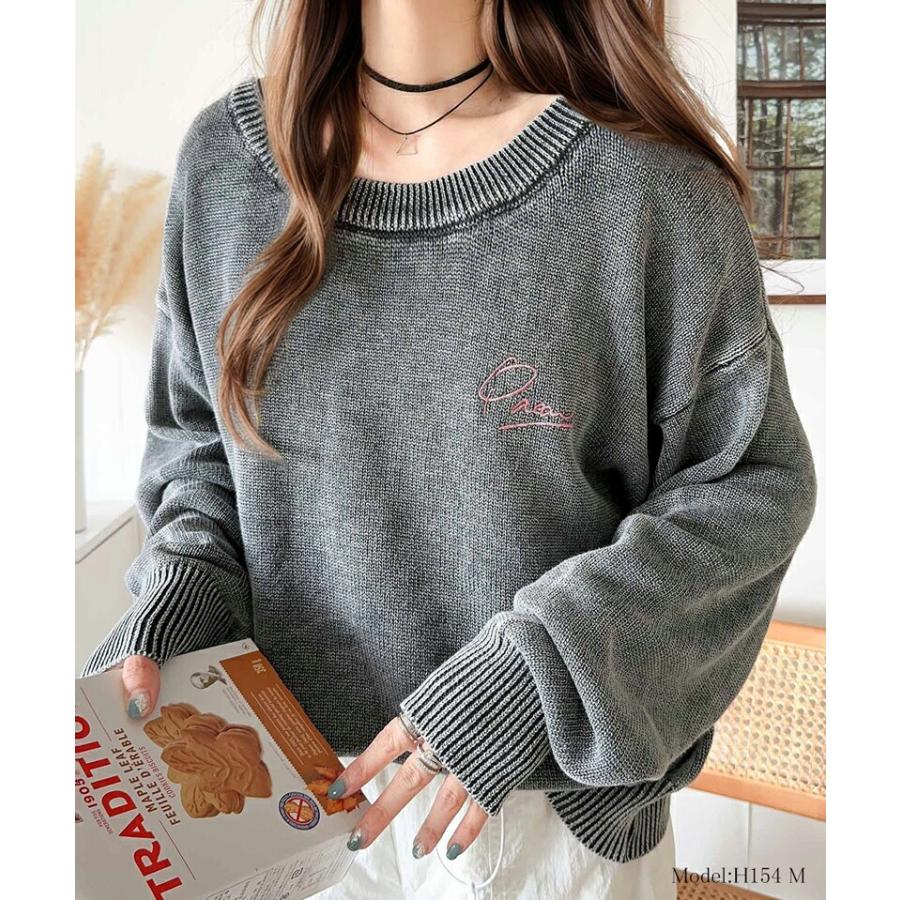 トップス ニット レディース レトロ 綿 100％ ワンポイント 胸 刺繍 ヴィンテージ 感 ピグメント プルオーバー ビッグシルエット 着回し | classicalelf | 04