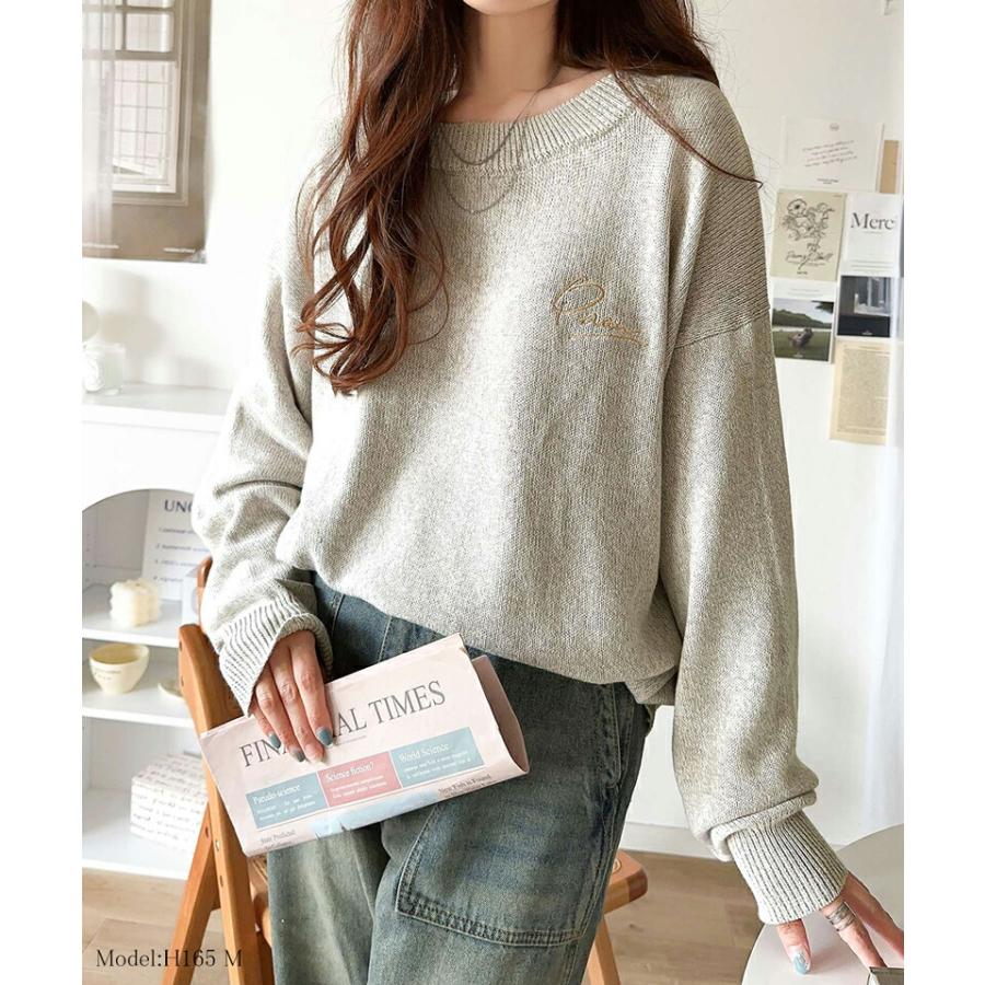 トップス ニット レディース レトロ 綿 100％ ワンポイント 胸 刺繍 ヴィンテージ 感 ピグメント プルオーバー ビッグシルエット 着回し | classicalelf | 06