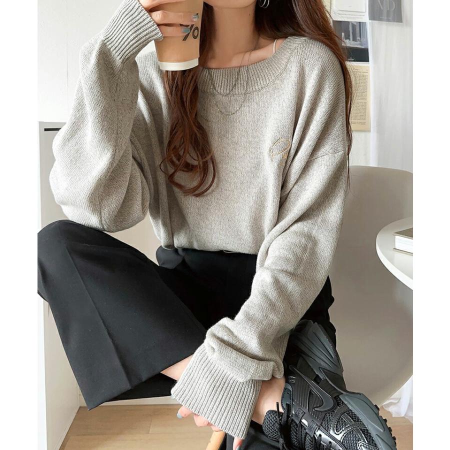 トップス ニット レディース レトロ 綿 100％ ワンポイント 胸 刺繍 ヴィンテージ 感 ピグメント プルオーバー ビッグシルエット 着回し | classicalelf | 07