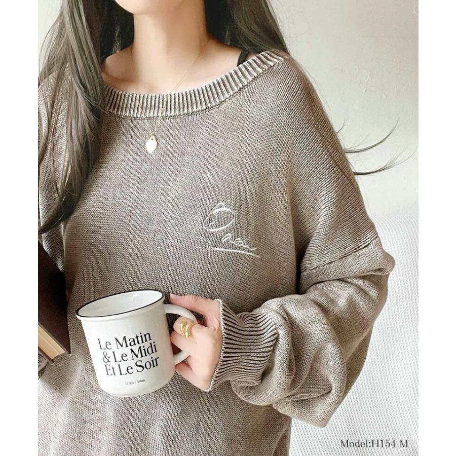 トップス ニット レディース レトロ 綿 100％ ワンポイント 胸 刺繍 ヴィンテージ 感 ピグメント プルオーバー ビッグシルエット 着回し | classicalelf | 08