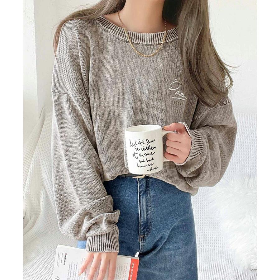 トップス ニット レディース レトロ 綿 100％ ワンポイント 胸 刺繍 ヴィンテージ 感 ピグメント プルオーバー ビッグシルエット 着回し | classicalelf | 09