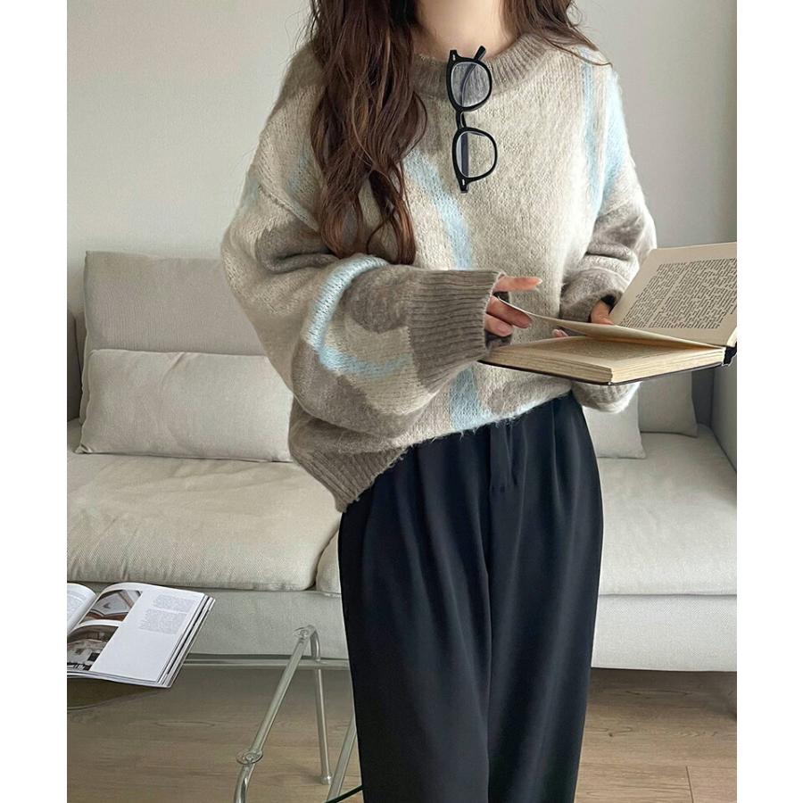 トップス ニット レディース ウェーブ 柄 ダブル ジャガード シャギー ニットプルオーバー 男女兼用 ユニセックス メンズ ゆるっと オーバーサイズ | classicalelf | 05