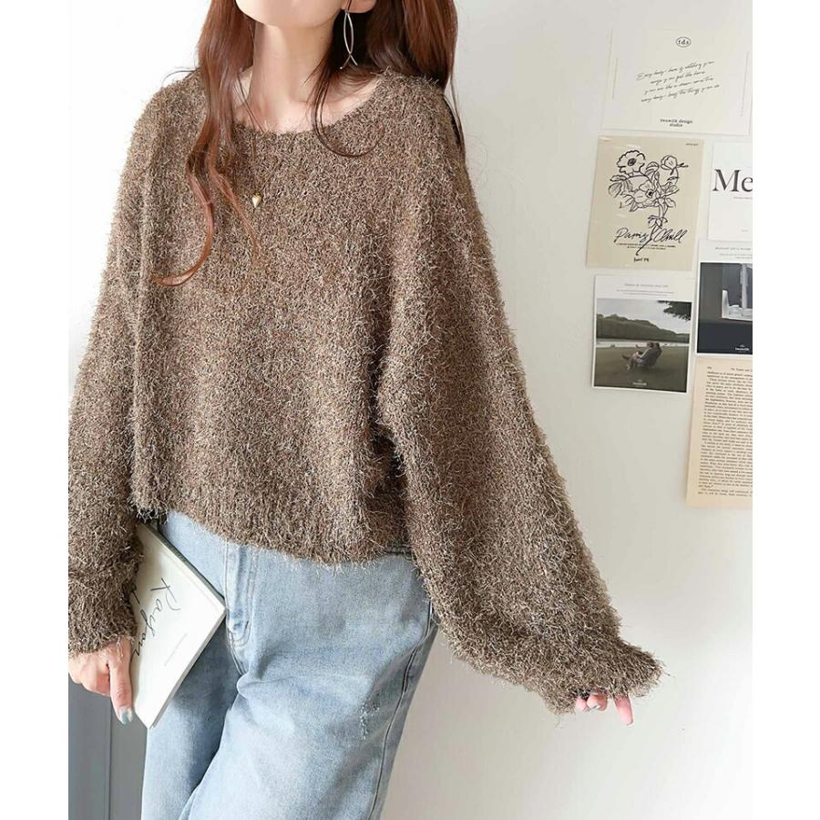 トップス ニット レディース ボリューム バルーン袖 ラメ フィルム ヤーン ふわふわ シャギーニット オーバーサイズ レイヤードコーデ | classicalelf | 10