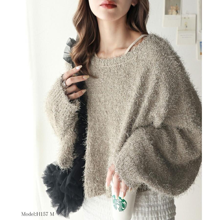 トップス ニット レディース ボリューム バルーン袖 ラメ フィルム ヤーン ふわふわ シャギーニット オーバーサイズ レイヤードコーデ | classicalelf | 11