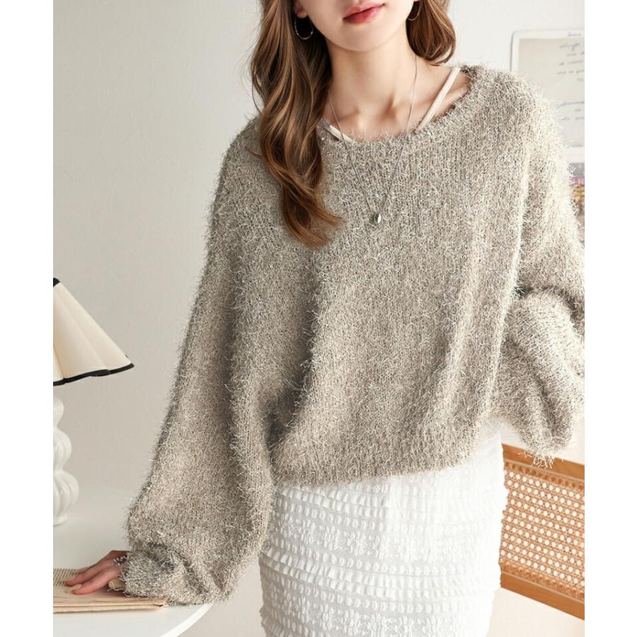 トップス ニット レディース ボリューム バルーン袖 ラメ フィルム ヤーン ふわふわ シャギーニット オーバーサイズ レイヤードコーデ | classicalelf | 12