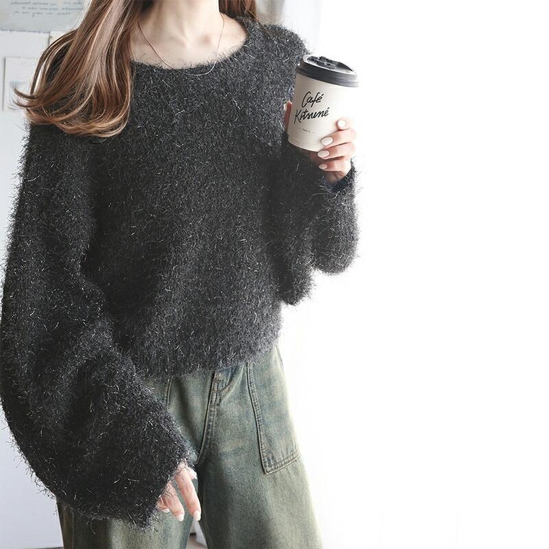 トップス ニット レディース ボリューム バルーン袖 ラメ フィルム ヤーン ふわふわ シャギーニット オーバーサイズ レイヤードコーデ | classicalelf | 16