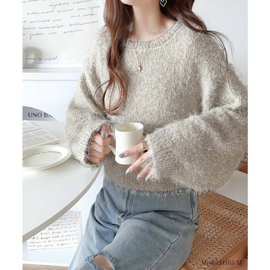 トップス ニット レディース ボリューム バルーン袖 ラメ フィルム ヤーン ふわふわ シャギーニット オーバーサイズ レイヤードコーデ | classicalelf | 02