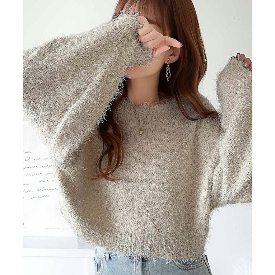 トップス ニット レディース ボリューム バルーン袖 ラメ フィルム ヤーン ふわふわ シャギーニット オーバーサイズ レイヤードコーデ | classicalelf | 03