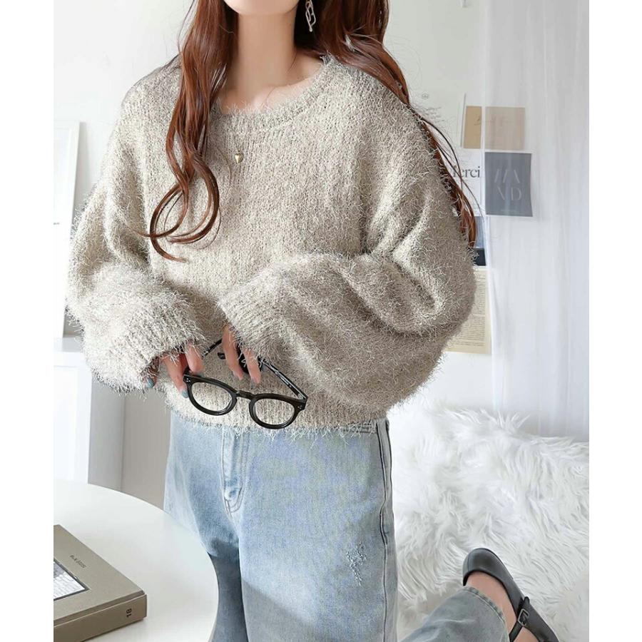 トップス ニット レディース ボリューム バルーン袖 ラメ フィルム ヤーン ふわふわ シャギーニット オーバーサイズ レイヤードコーデ | classicalelf | 04