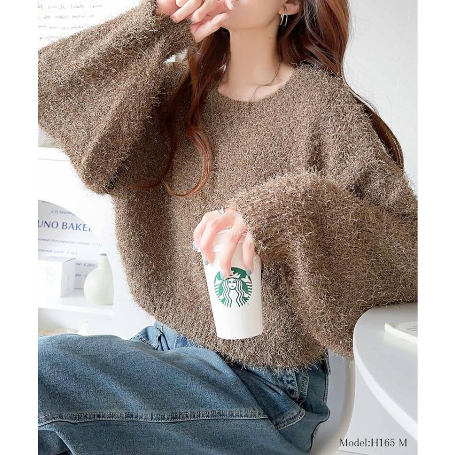 トップス ニット レディース ボリューム バルーン袖 ラメ フィルム ヤーン ふわふわ シャギーニット オーバーサイズ レイヤードコーデ | classicalelf | 08