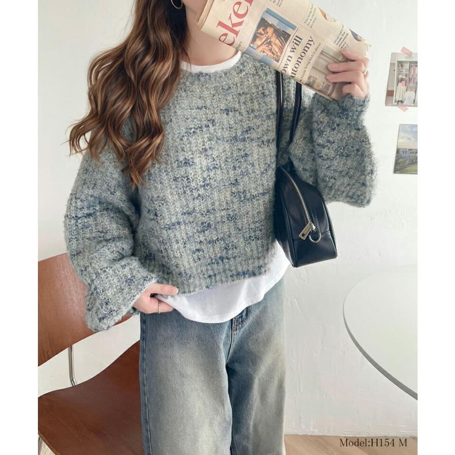 トップス ニット レディース ミックス ヤーン クッキー ニットプルオーバー オーバーサイズ クロップド丈 ふんわり ぽわん袖 着回し | classicalelf | 12