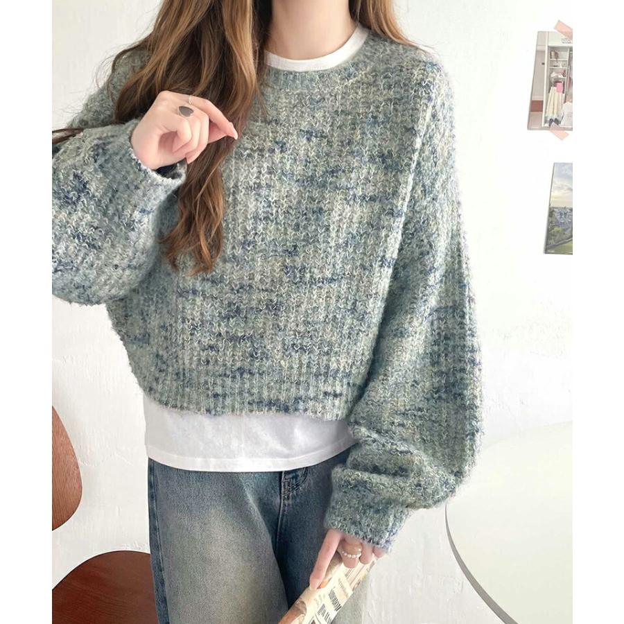 トップス ニット レディース ミックス ヤーン クッキー ニットプルオーバー オーバーサイズ クロップド丈 ふんわり ぽわん袖 着回し | classicalelf | 14