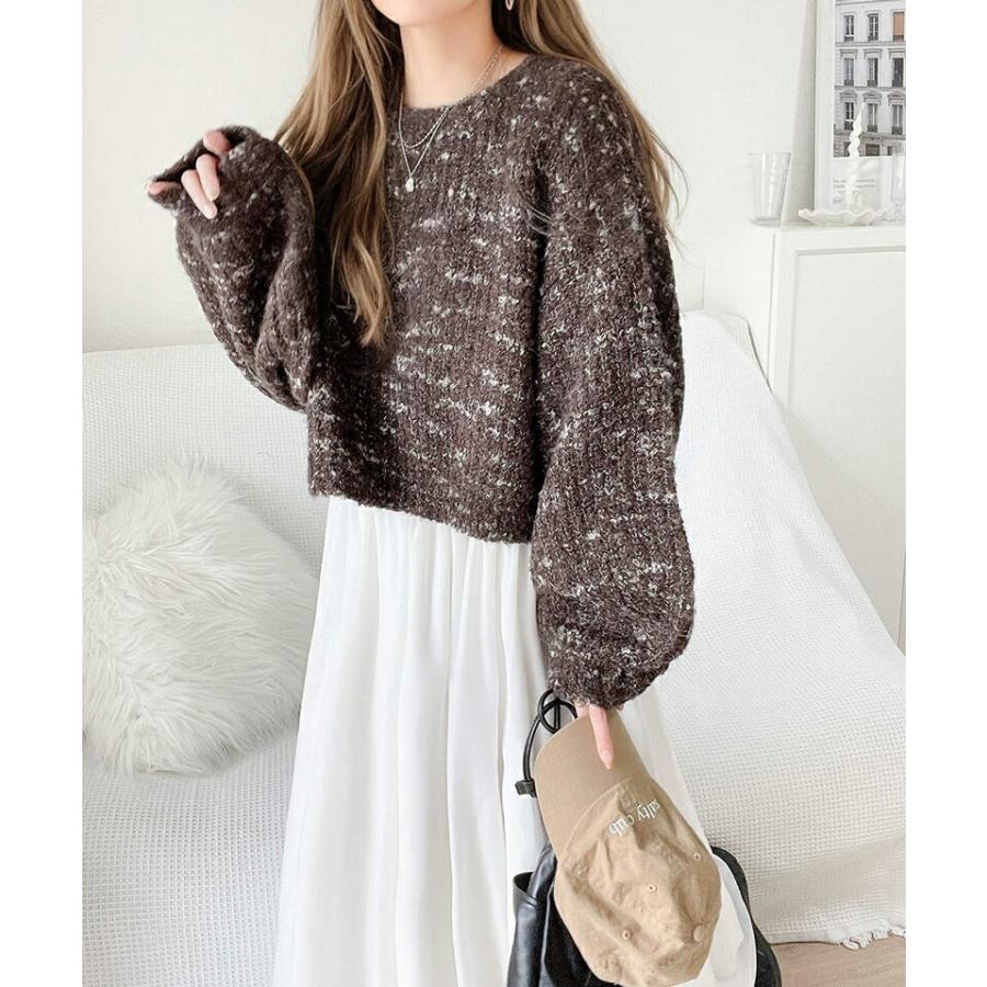 トップス ニット レディース ミックス ヤーン クッキー ニットプルオーバー オーバーサイズ クロップド丈 ふんわり ぽわん袖 着回し | classicalelf | 03