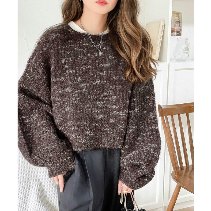 トップス ニット レディース ミックス ヤーン クッキー ニットプルオーバー オーバーサイズ クロップド丈 ふんわり ぽわん袖 着回し | classicalelf | 04