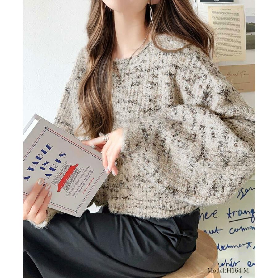 トップス ニット レディース ミックス ヤーン クッキー ニットプルオーバー オーバーサイズ クロップド丈 ふんわり ぽわん袖 着回し | classicalelf | 05