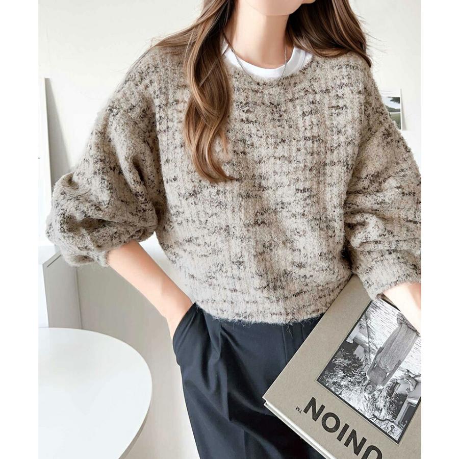 トップス ニット レディース ミックス ヤーン クッキー ニットプルオーバー オーバーサイズ クロップド丈 ふんわり ぽわん袖 着回し | classicalelf | 07