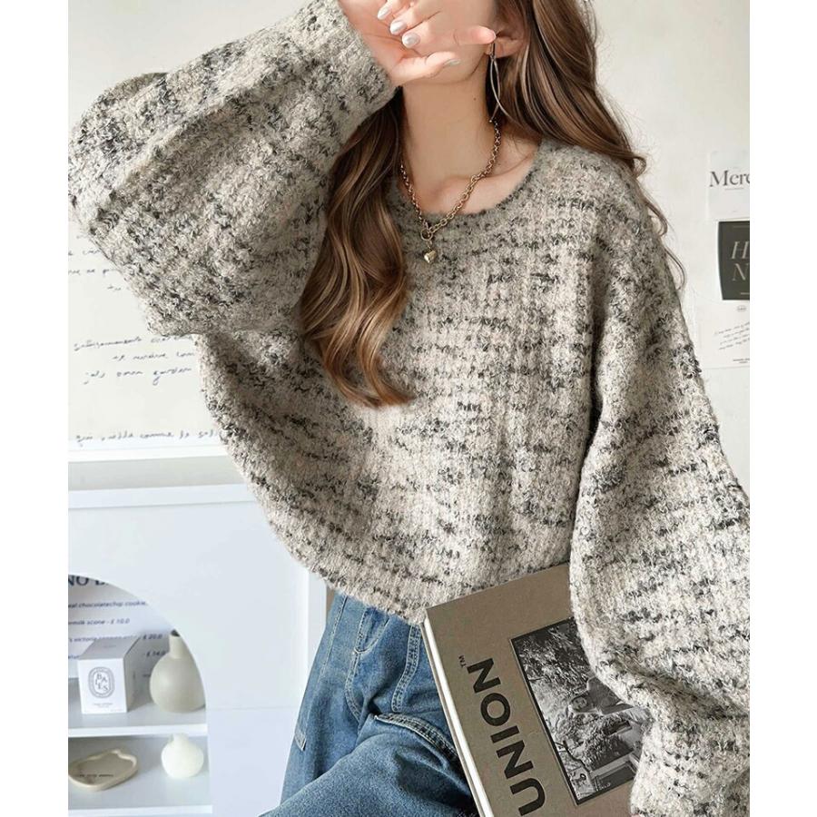 トップス ニット レディース ミックス ヤーン クッキー ニットプルオーバー オーバーサイズ クロップド丈 ふんわり ぽわん袖 着回し | classicalelf | 08