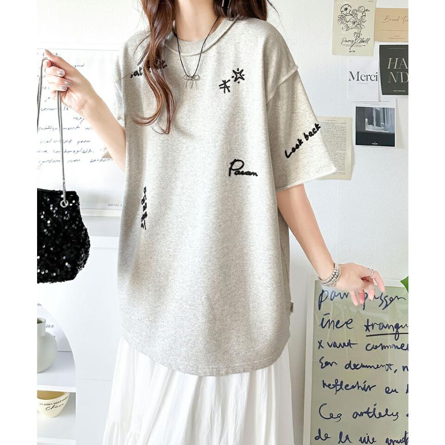 トップス Tシャツ レディース ランダム メッセージ ロゴ 刺繍 裏毛 ハーフ スリーブ Tee ゆるっと ビッグシルエット 袖 襟 くるん リブ 裾 | classicalelf | 11