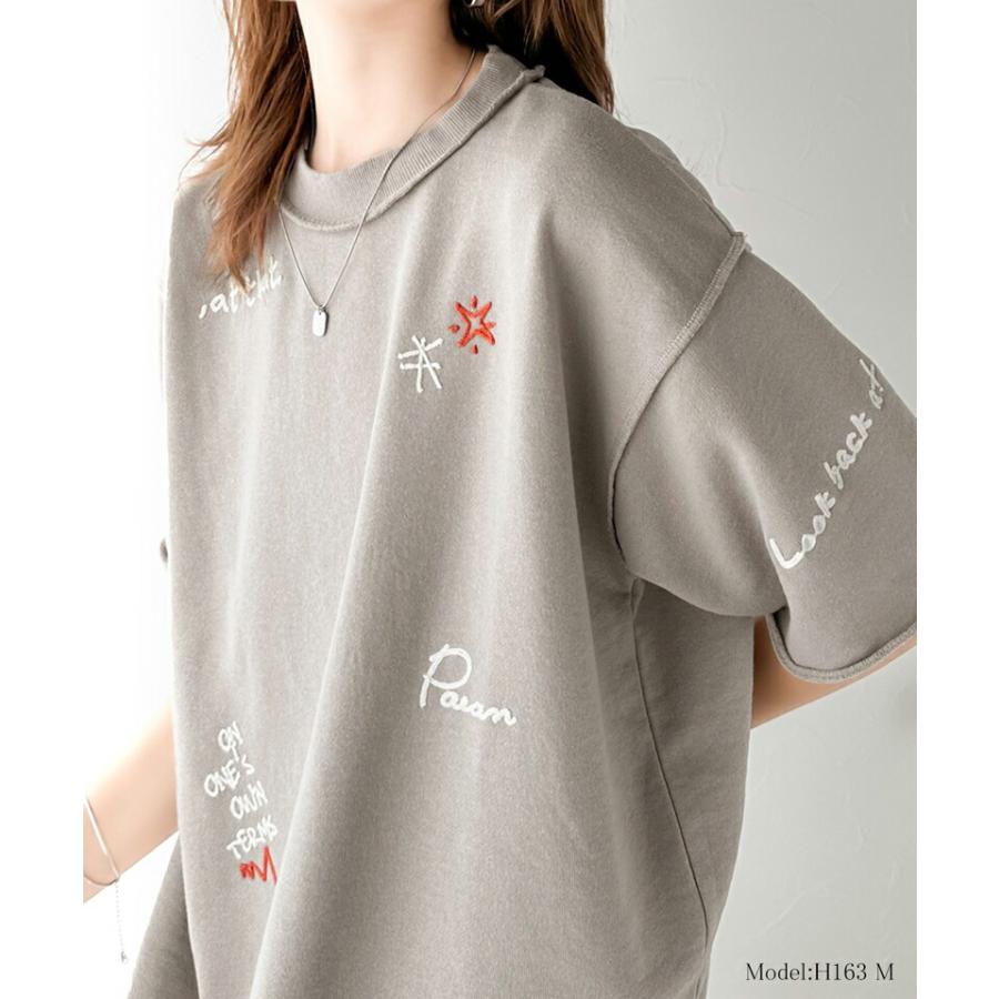 トップス Tシャツ レディース ランダム メッセージ ロゴ 刺繍 裏毛 ハーフ スリーブ Tee ゆるっと ビッグシルエット 袖 襟 くるん リブ 裾 | classicalelf | 12