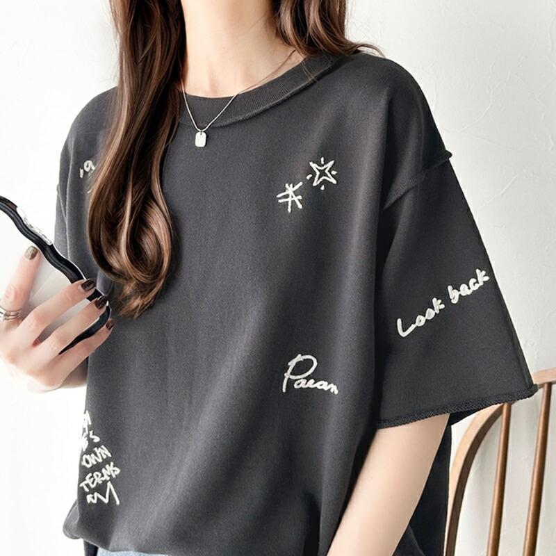 トップス Tシャツ レディース ランダム メッセージ ロゴ 刺繍 裏毛 ハーフ スリーブ Tee ゆるっと ビッグシルエット 袖 襟 くるん リブ 裾 | classicalelf | 18