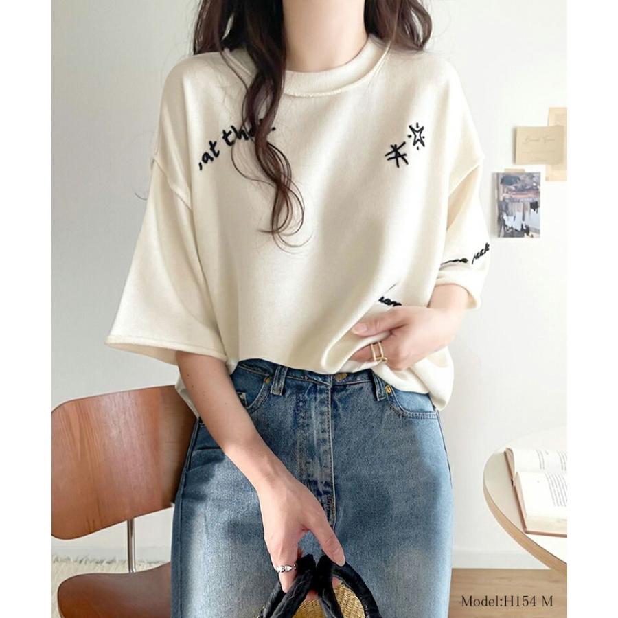 トップス Tシャツ レディース ランダム メッセージ ロゴ 刺繍 裏毛 ハーフ スリーブ Tee ゆるっと ビッグシルエット 袖 襟 くるん リブ 裾 | classicalelf | 02