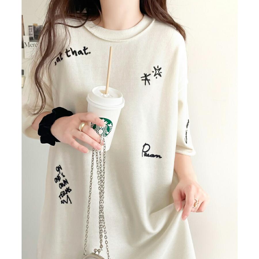 トップス Tシャツ レディース ランダム メッセージ ロゴ 刺繍 裏毛 ハーフ スリーブ Tee ゆるっと ビッグシルエット 袖 襟 くるん リブ 裾 | classicalelf | 03