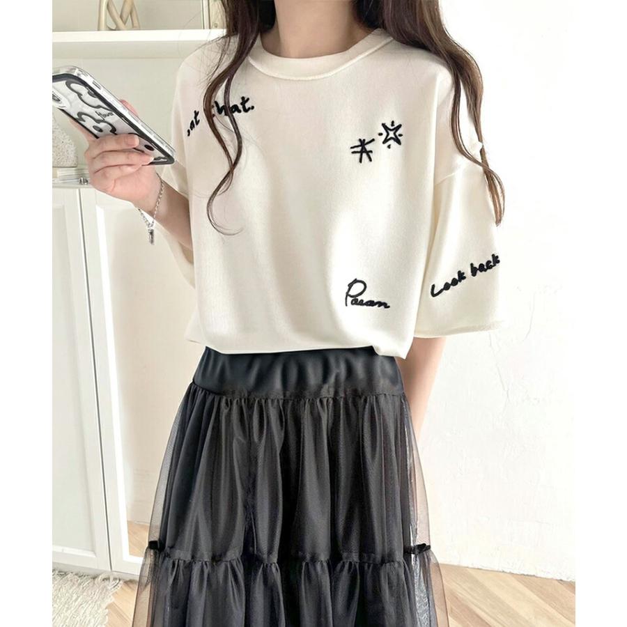 トップス Tシャツ レディース ランダム メッセージ ロゴ 刺繍 裏毛 ハーフ スリーブ Tee ゆるっと ビッグシルエット 袖 襟 くるん リブ 裾 | classicalelf | 04