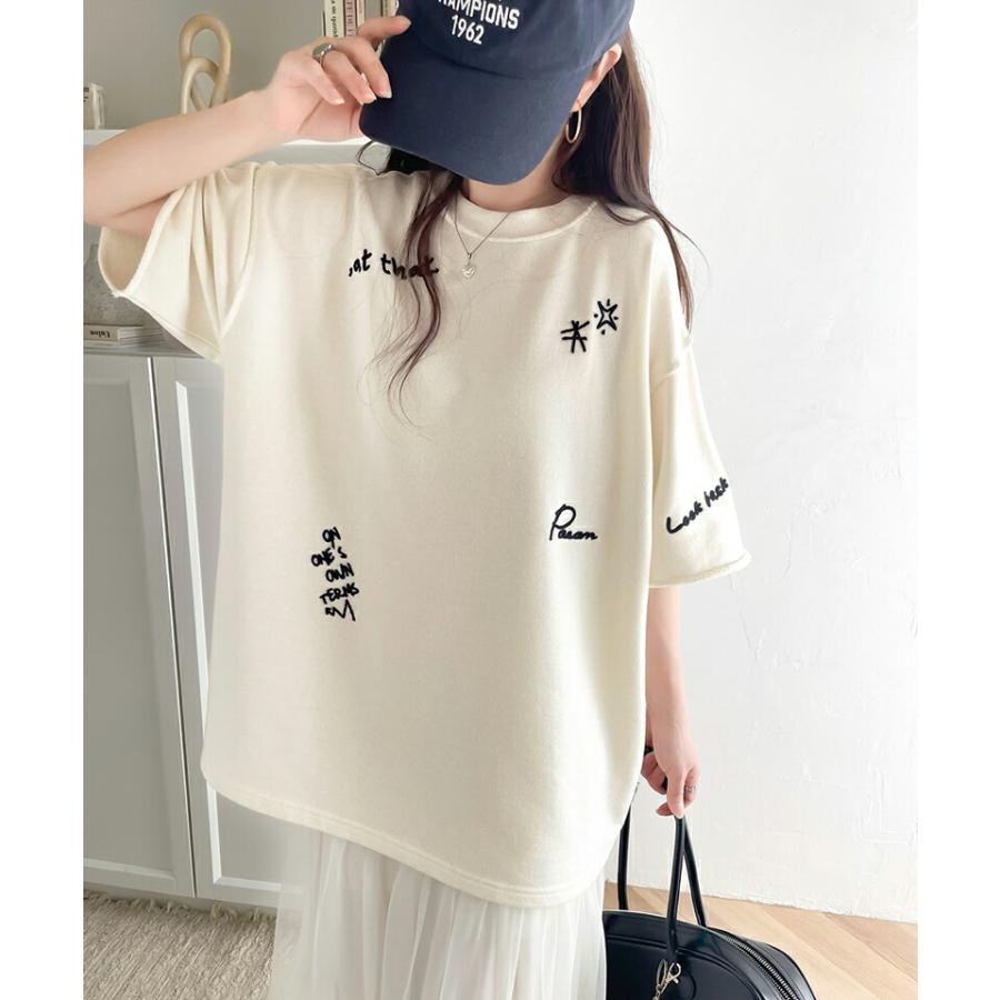 トップス Tシャツ レディース ランダム メッセージ ロゴ 刺繍 裏毛 ハーフ スリーブ Tee ゆるっと ビッグシルエット 袖 襟 くるん リブ 裾 | classicalelf | 05