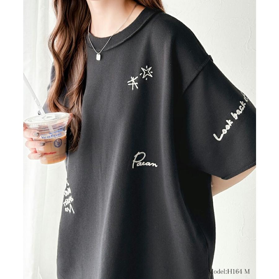 トップス Tシャツ レディース ランダム メッセージ ロゴ 刺繍 裏毛 ハーフ スリーブ Tee ゆるっと ビッグシルエット 袖 襟 くるん リブ 裾 | classicalelf | 06