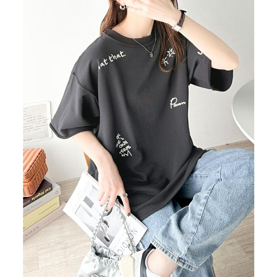 トップス Tシャツ レディース ランダム メッセージ ロゴ 刺繍 裏毛 ハーフ スリーブ Tee ゆるっと ビッグシルエット 袖 襟 くるん リブ 裾 | classicalelf | 07