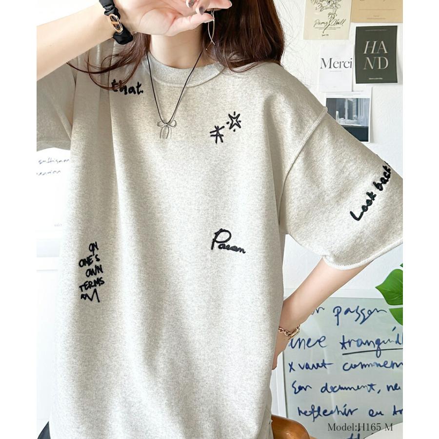 トップス Tシャツ レディース ランダム メッセージ ロゴ 刺繍 裏毛 ハーフ スリーブ Tee ゆるっと ビッグシルエット 袖 襟 くるん リブ 裾 | classicalelf | 09
